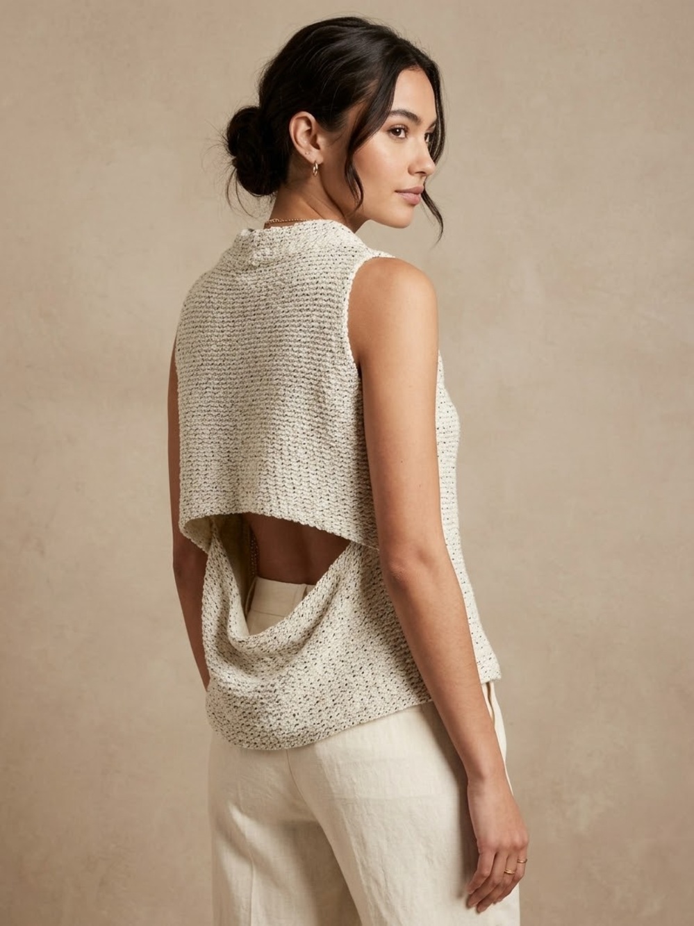 DREW Open-Back Knit Sleeveless Sweater Tank - Cream Speckle